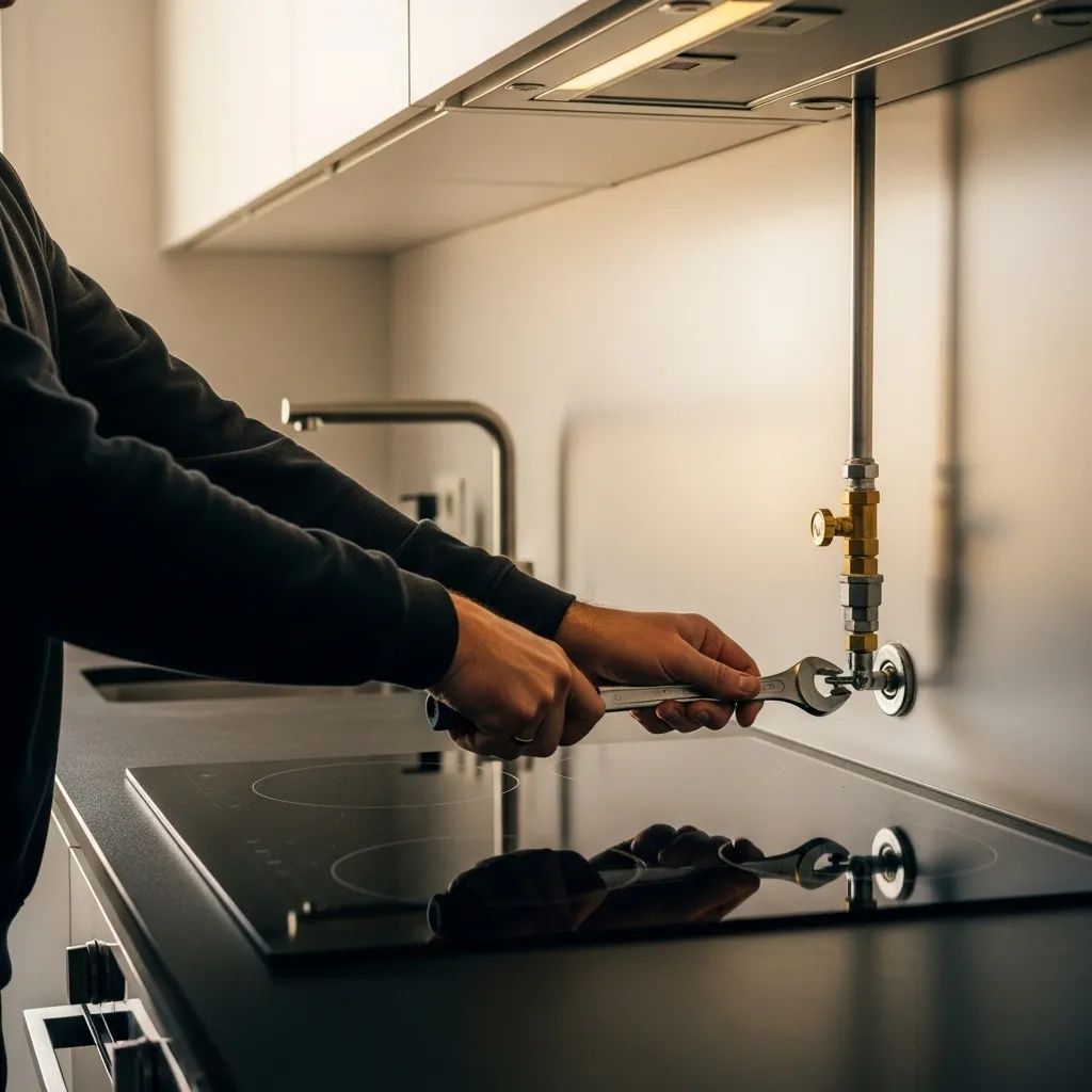 Modern Portuguese kitchen with new electric induction hob and sealed gas pipe being secured
