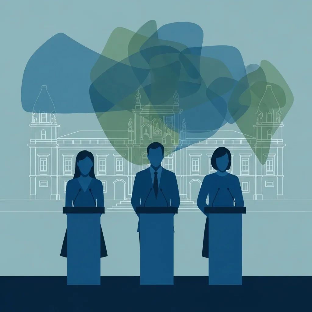 Three stylized podiums with faceless figures and parliament outline representing debate on political transparency