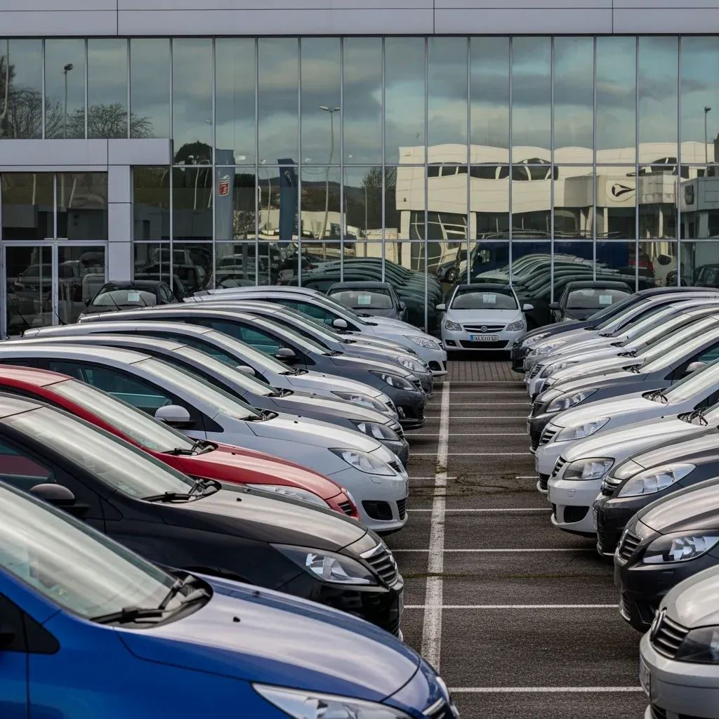 Rows of parked cars at a Portuguese dealership forecourt under soft morning light