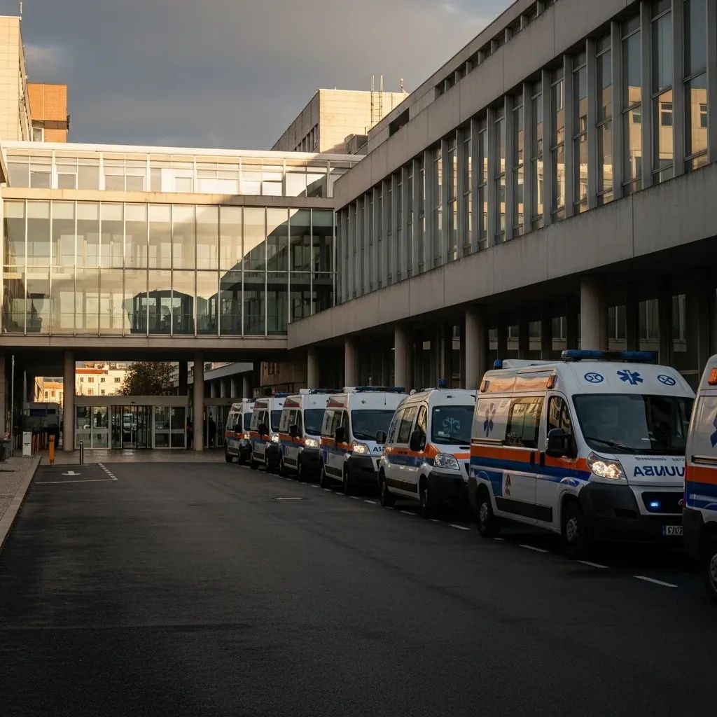 Ambulances queued outside a hospital entrance in Portugal amid healthcare overcrowding