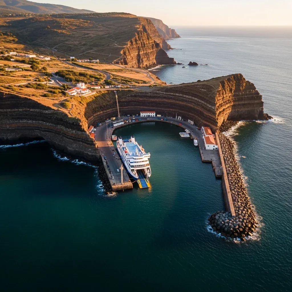 Aerial view of a Portuguese Atlantic island harbor and volcanic landscape