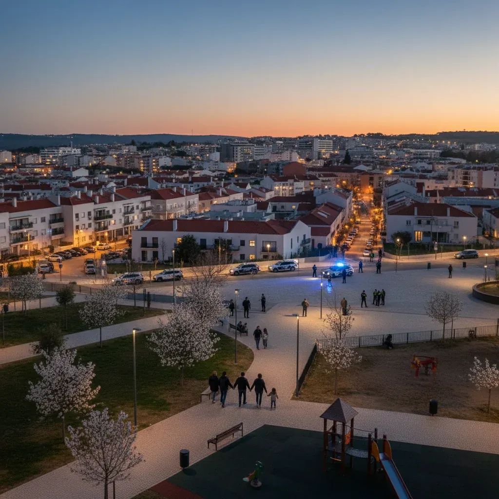 Portuguese police officers patrolling residential area in response to crime escalation across Portugal