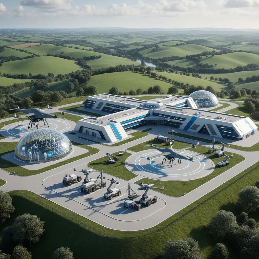 Modern military testing facility with drone and autonomous defense technology equipment in Portuguese landscape