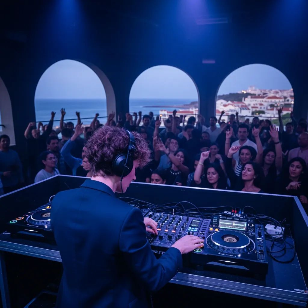 DJ priest performing on stage with mixing equipment under stage lighting at European festival