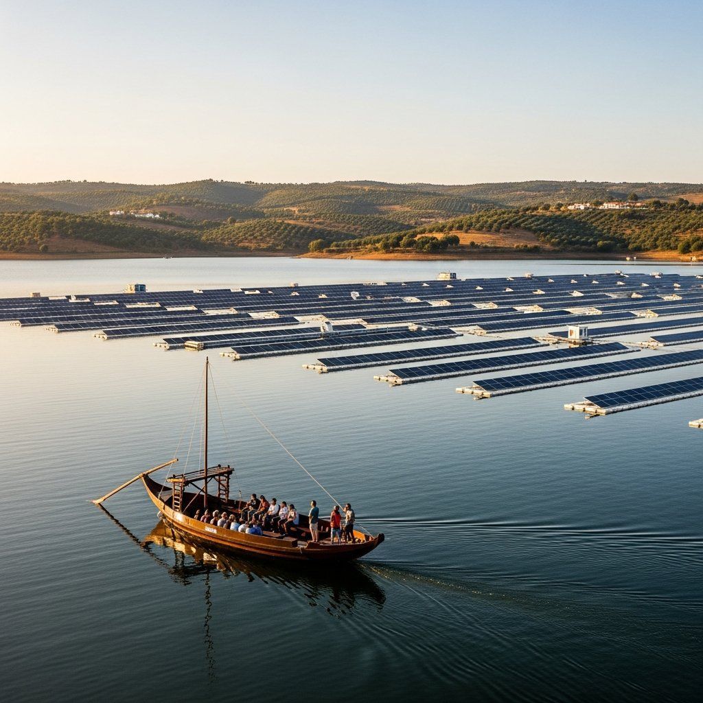Aerial view of an Alentejo reservoir with a tourist boat and floating solar panels