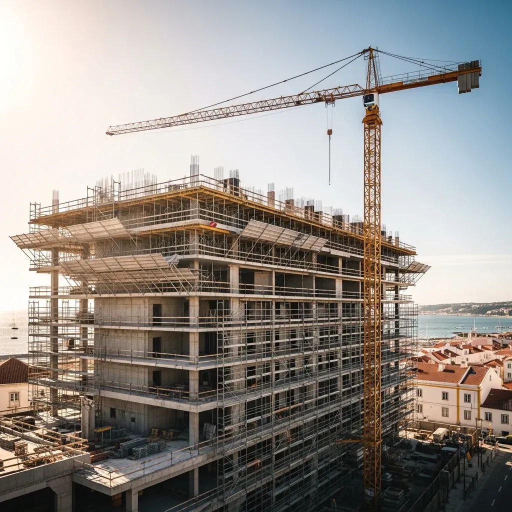 Modern coastal hotel under construction in Portugal with crane and scaffolding