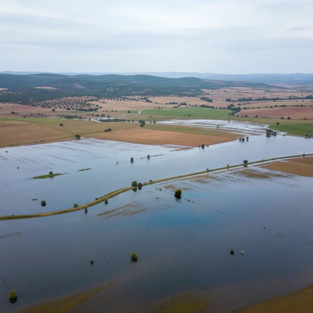 Aerial view of flooded agricultural fields in Portugal's Lezíria region showing extensive water coverage