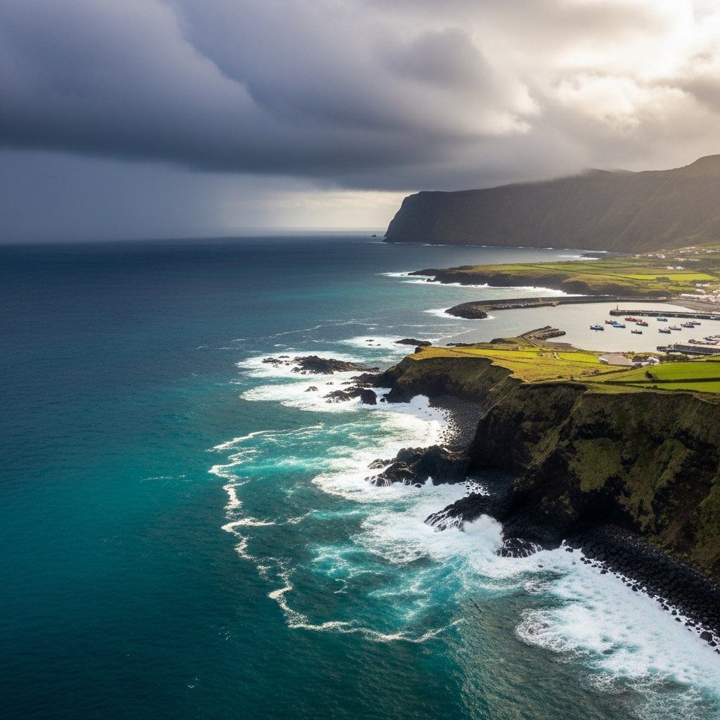 Aerial view of an Azores island coastline under clearing storm clouds