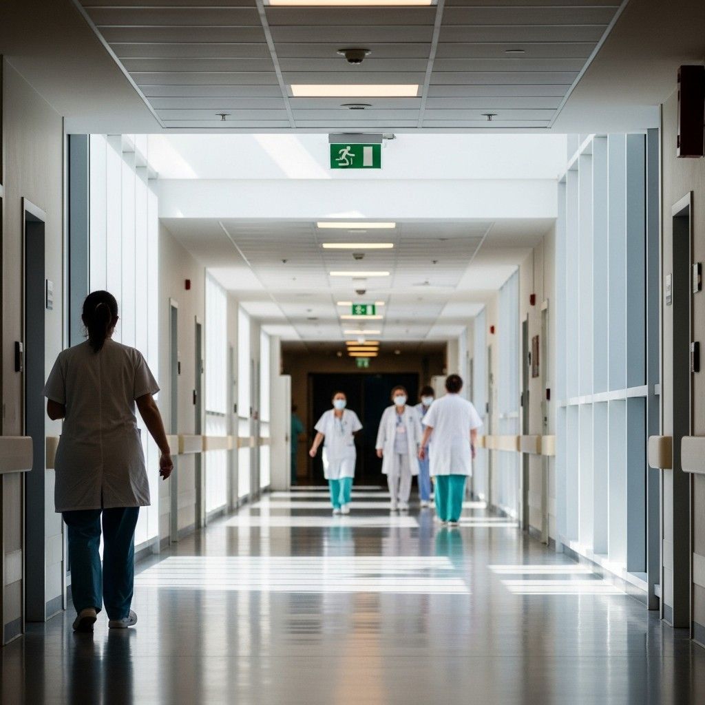 Healthcare professionals walking in a Portuguese public hospital corridor
