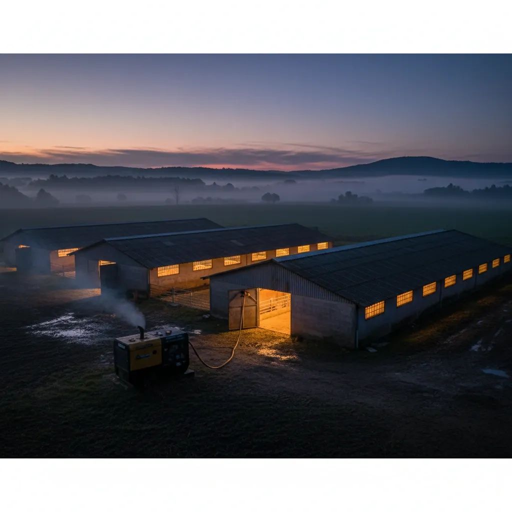 Twilight view of Leiria pig farm lit by a diesel generator during prolonged blackout