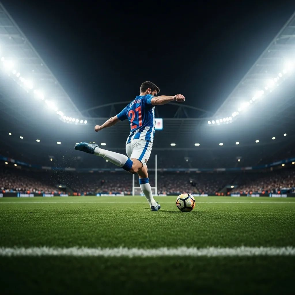 FC Porto player taking a penalty kick in a packed night-time stadium