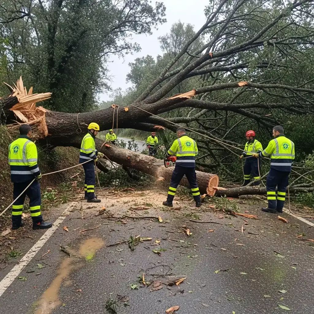 Emergency responders clearing a fallen tree on a wet Portuguese road after a storm