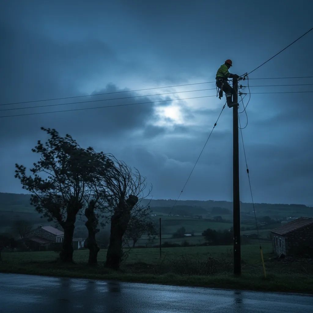 Silhouette of utility worker repairing power lines at dusk under a stormy sky in Portugal