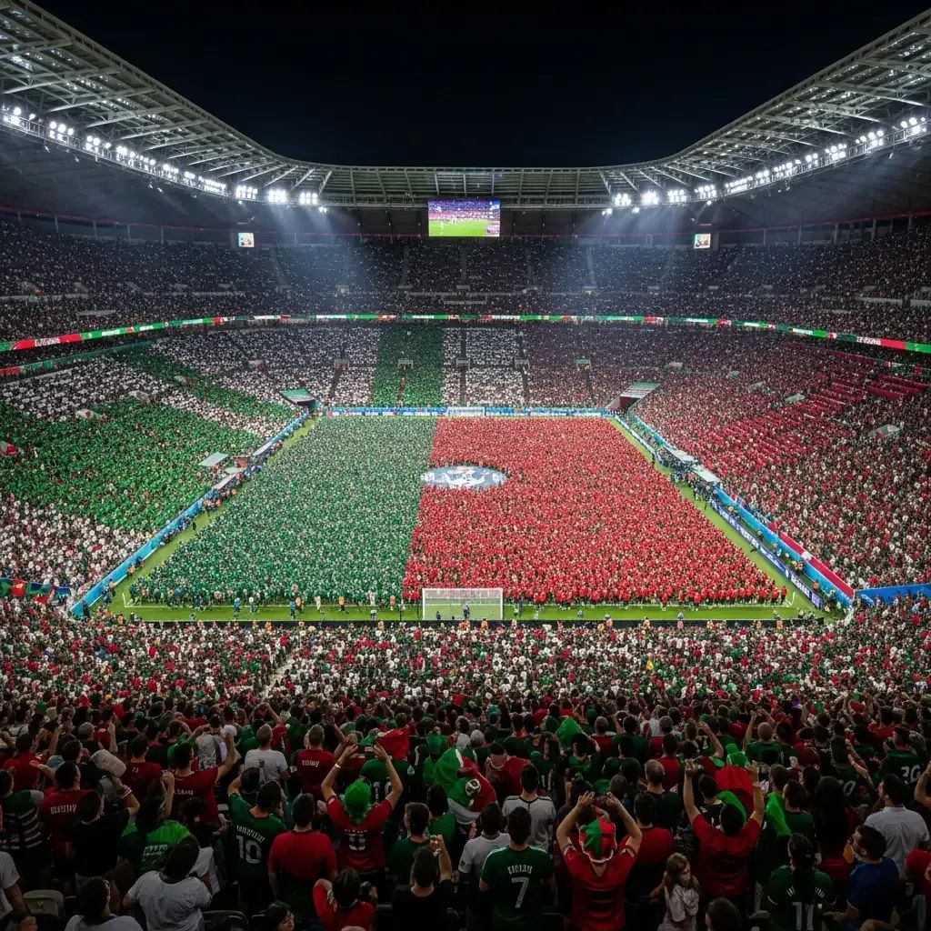 Aerial view of a packed football stadium with fans in green and red jerseys