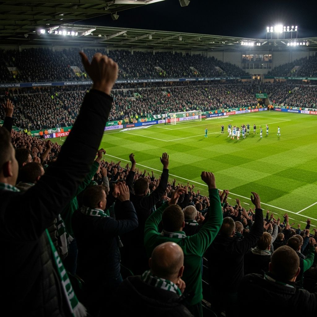 Sporting CP players celebrating with green-and-white crowd cheering inside the stadium