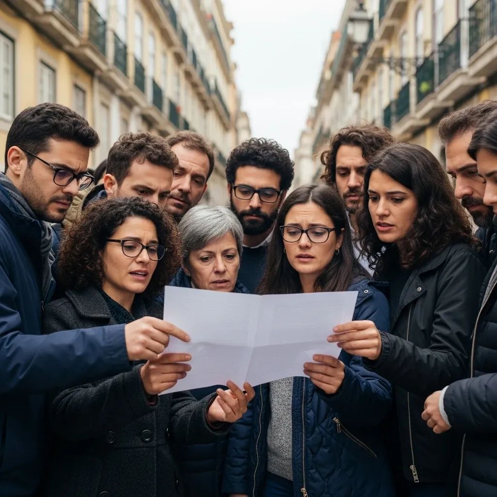 Diverse group of Portuguese citizens reading an open letter together at an outdoor gathering