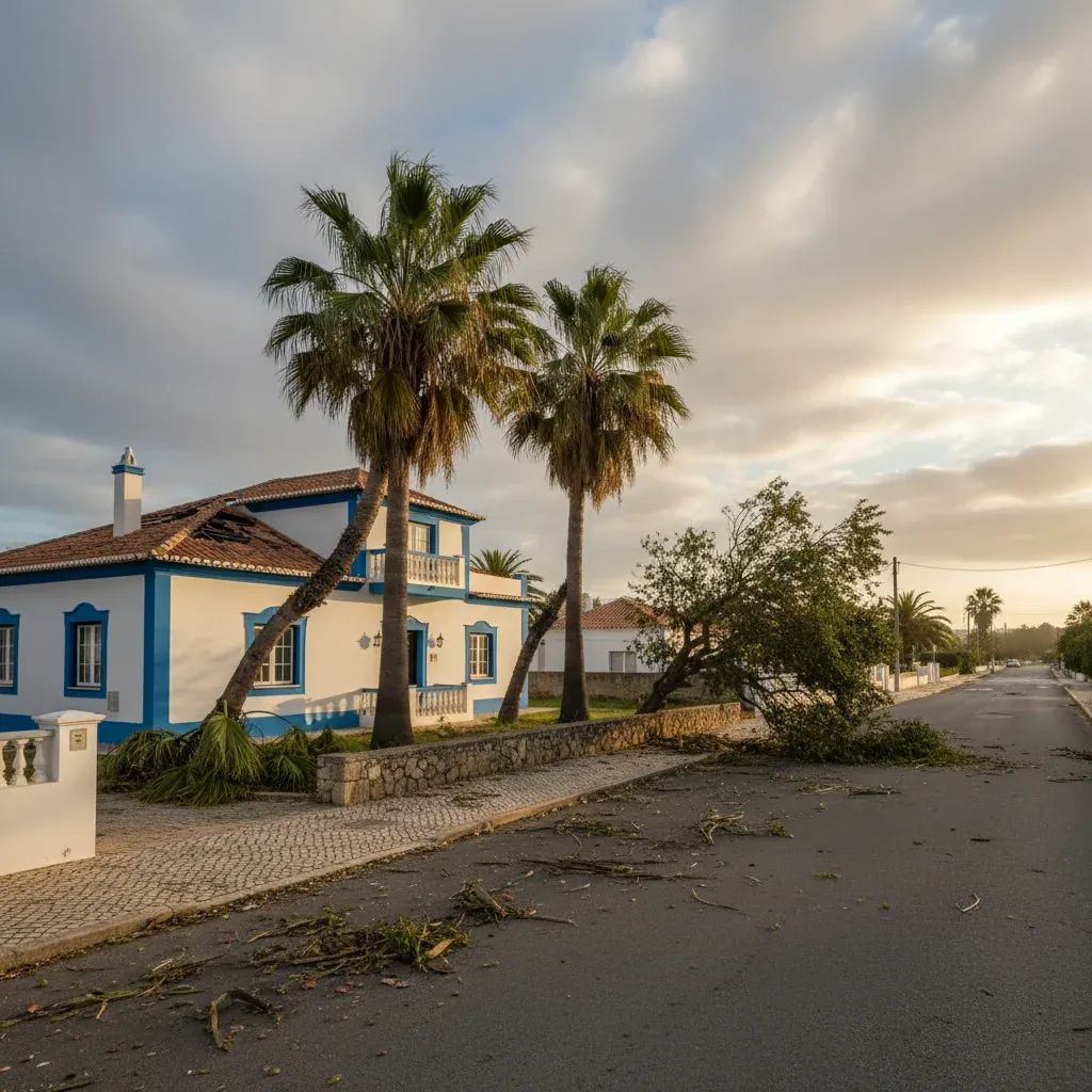 Algarve residential street with minor storm damage: fallen trees and broken roof tiles