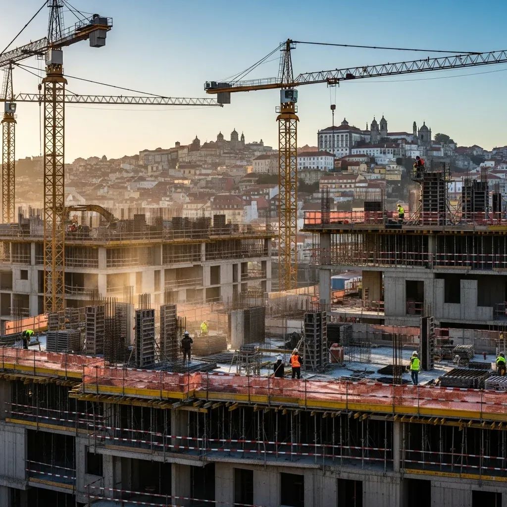 Construction site in Portugal with cranes building new residential apartments