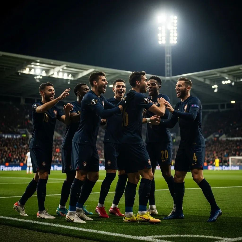 Famalicão players celebrating a goal under floodlights at a Portuguese stadium