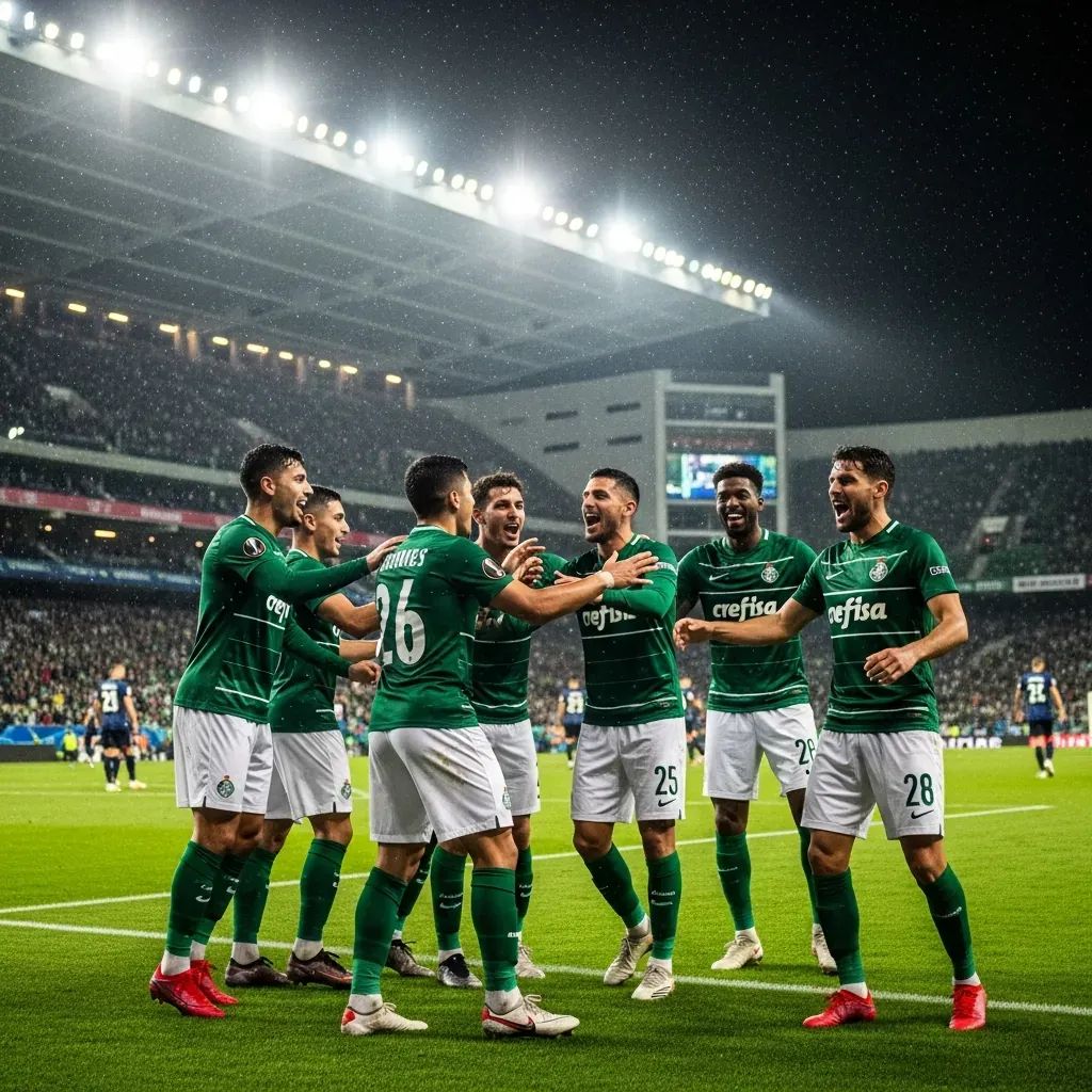 Football players in green and white celebrating a goal under floodlights at a Portuguese stadium