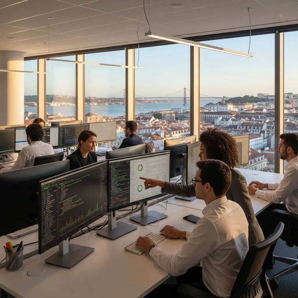 Modern Lisbon office with professionals at computers and a cityscape view of the Tagus River