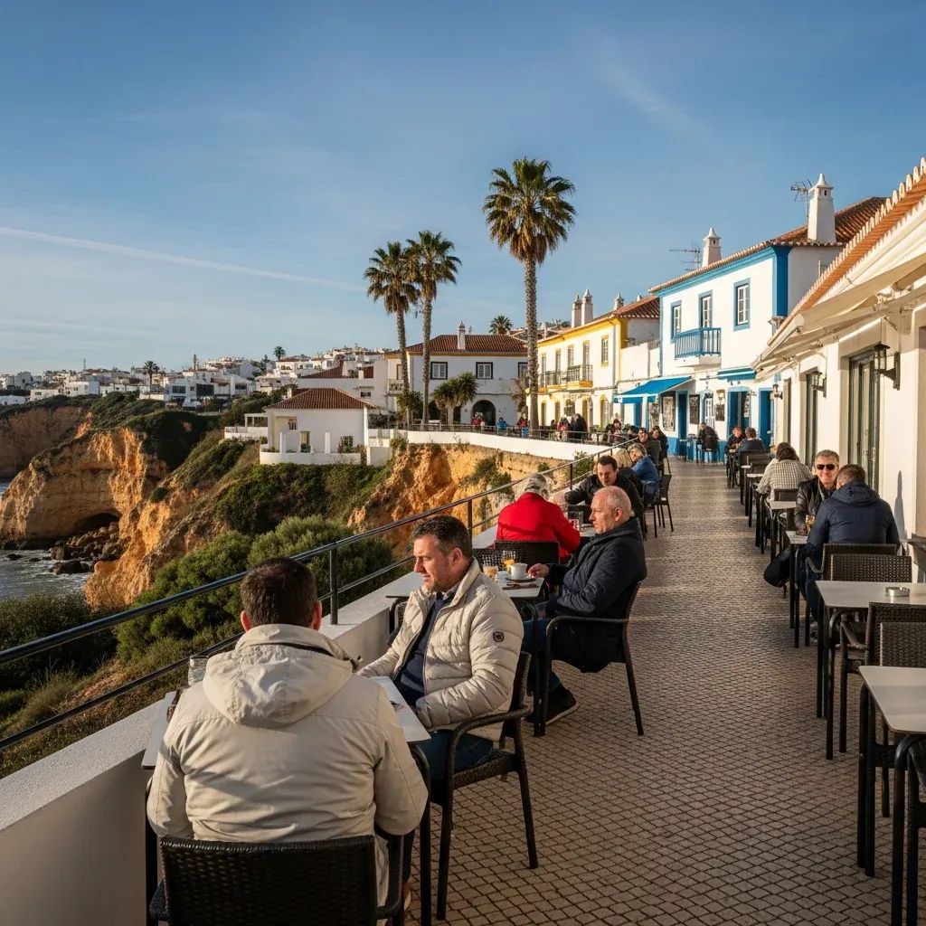 Outdoor café terrace in the Algarve under winter sunshine with light jackets and coastal view