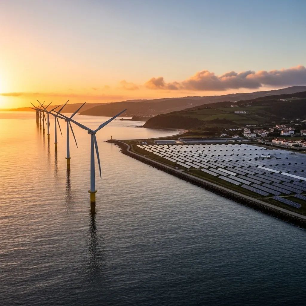 Offshore wind turbines and solar panels near a Portuguese coastline at sunrise