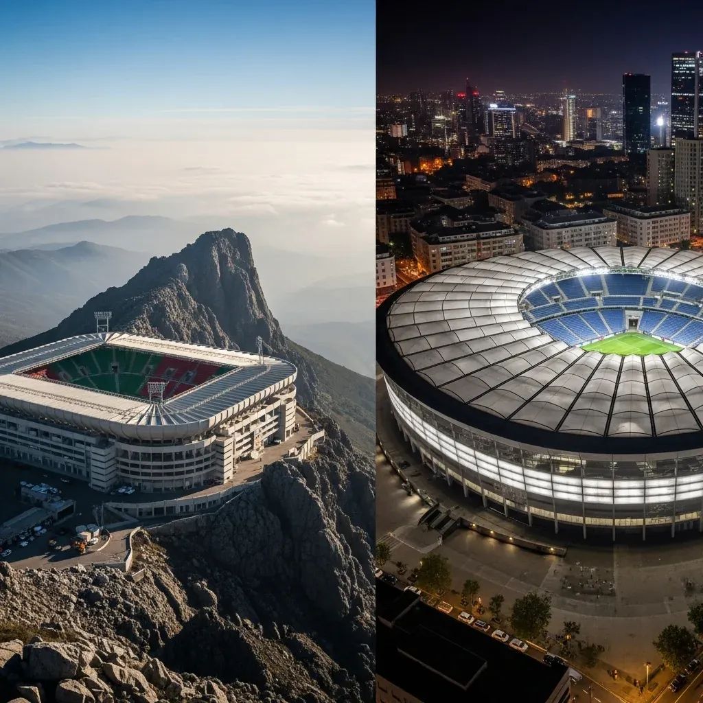 Split view of a high-altitude mountain football stadium and a modern retractable-roof city stadium