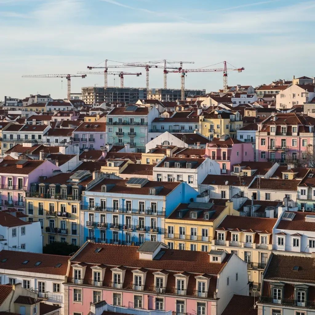 Aerial view of Lisbon apartment buildings with construction cranes at dawn