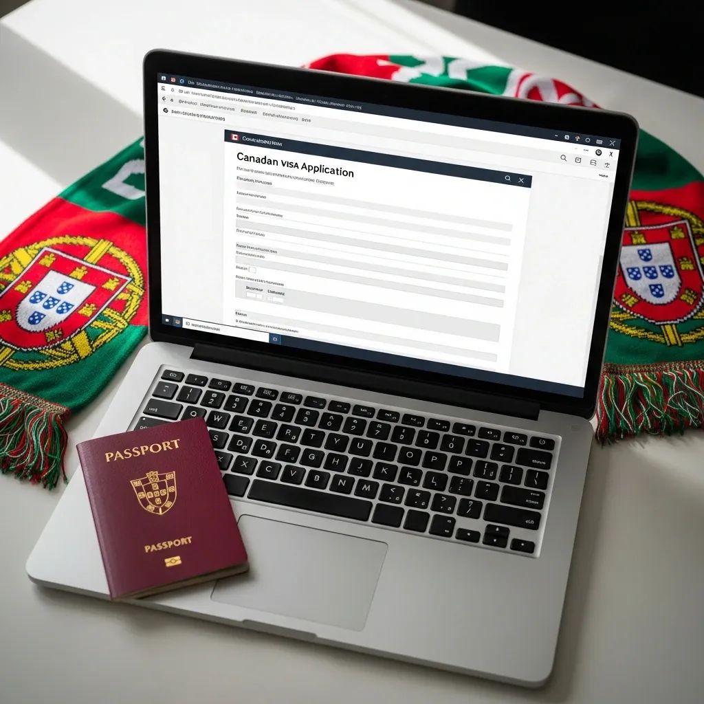 Desk with laptop showing Canadian visa form, red passport and Portuguese football scarf