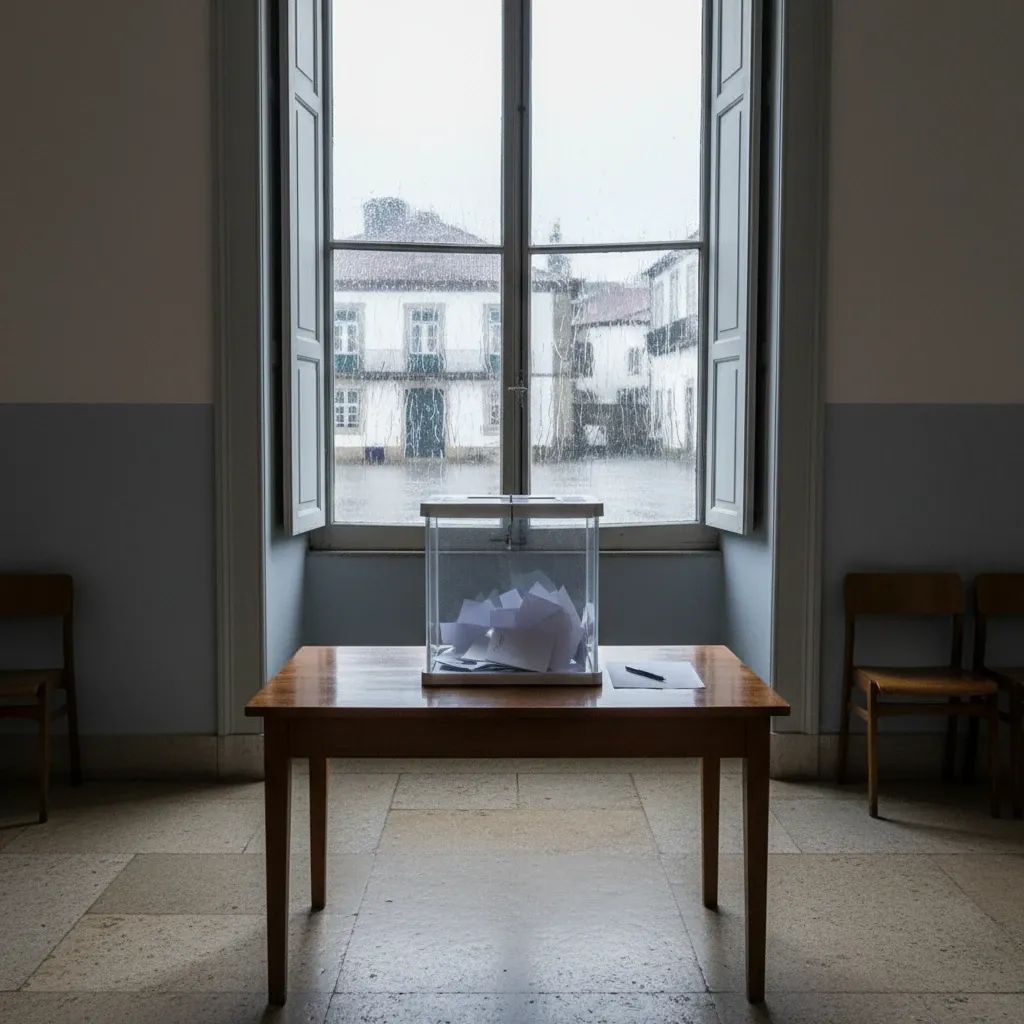 Ballot box inside Portuguese polling station as rain falls outside, illustrating storm-affected runoff vote