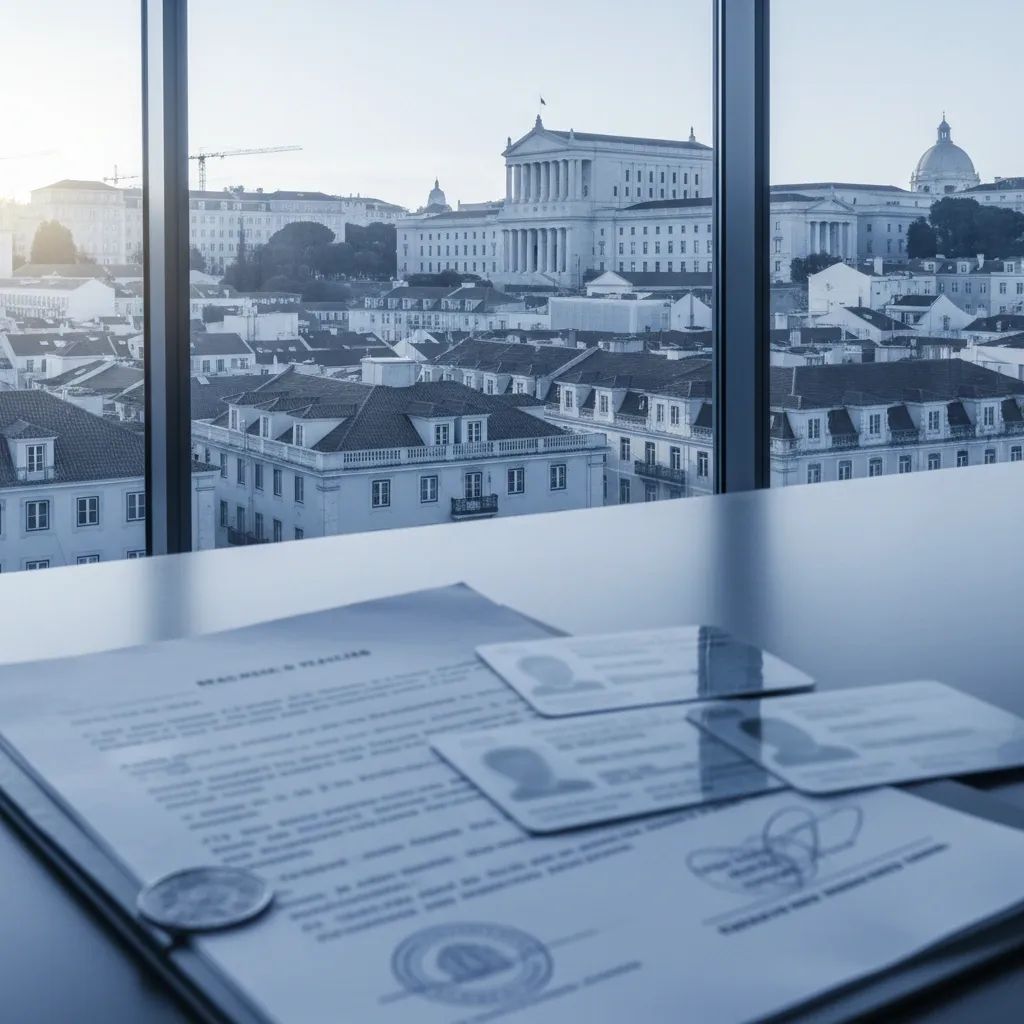 Lisbon residential district with courthouse building and government documents symbolizing immigration fraud case