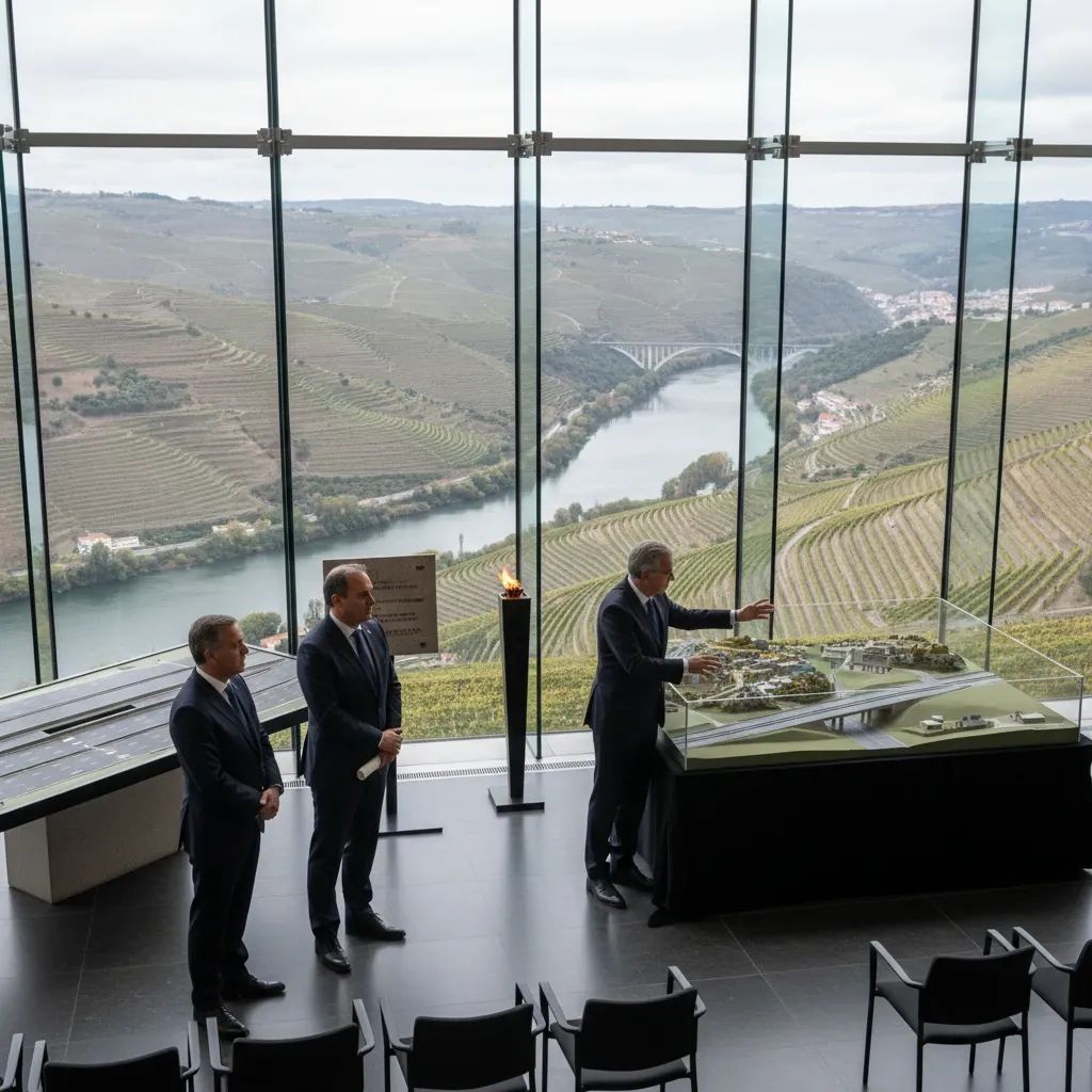 Government infrastructure officials announcing IC35 highway project at disaster memorial site near Douro River