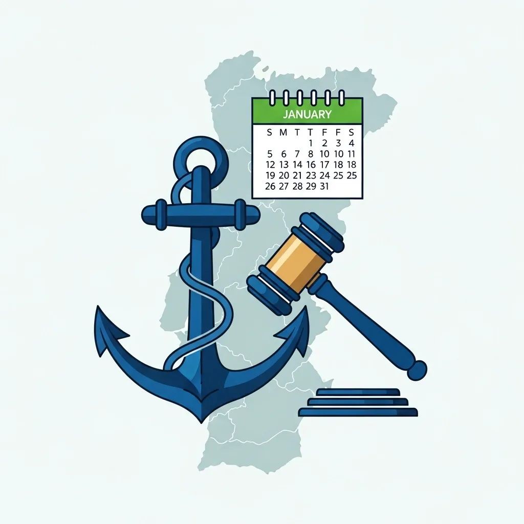 Ilustração de uma âncora naval e um martelo de justiça sobre mapa de Portugal