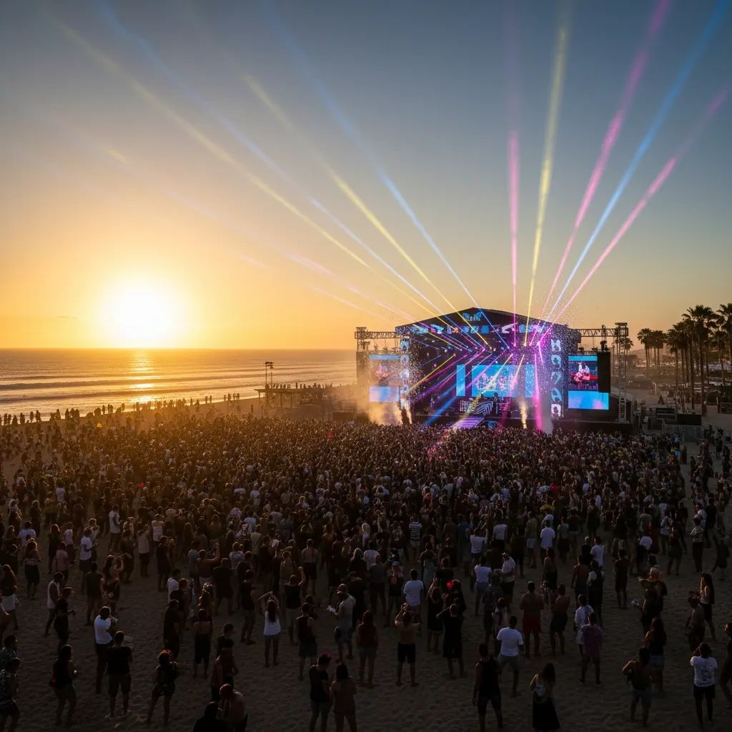 Crowd at an electronic music festival stage on Costa da Caparica beach at sunset