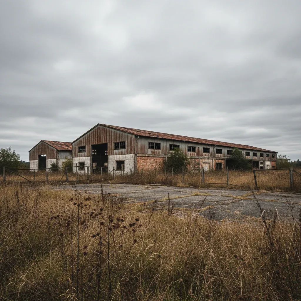 Vacant industrial factory building in Constância, Portugal, representing the shuttered Tupperware manufacturing facility