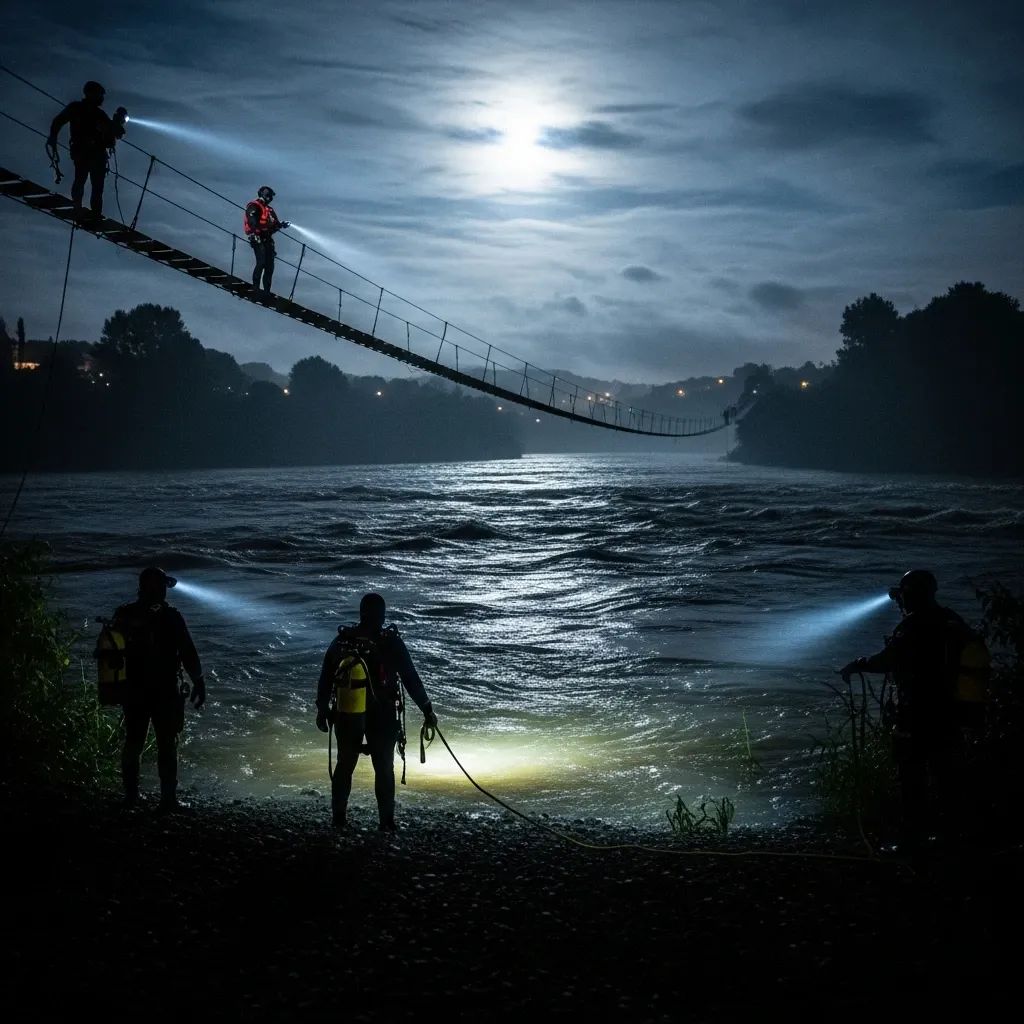 Night view of swollen Balsemão River with military rope bridge and rescue divers