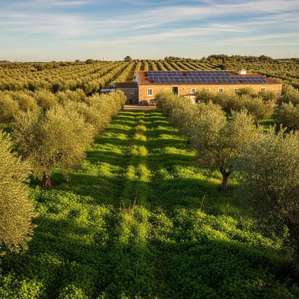 Alentejo olive grove with solar panels on mill building and cover crops between trees