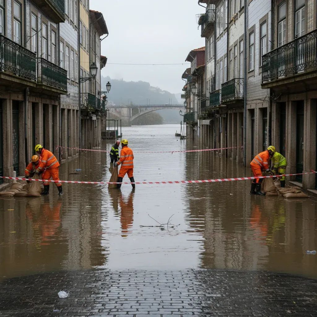 Emergency workers stack sandbags on a flooded Portuguese riverside street during heavy rains