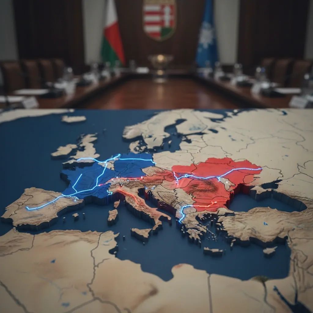 European map showing Hungary and Ukraine with energy pipeline routes and diplomatic tension visualization