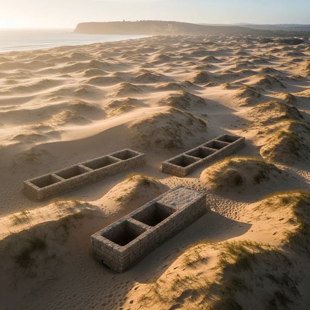 Aerial view of ancient Roman fish-salting stone vats among Algarve coastal dunes