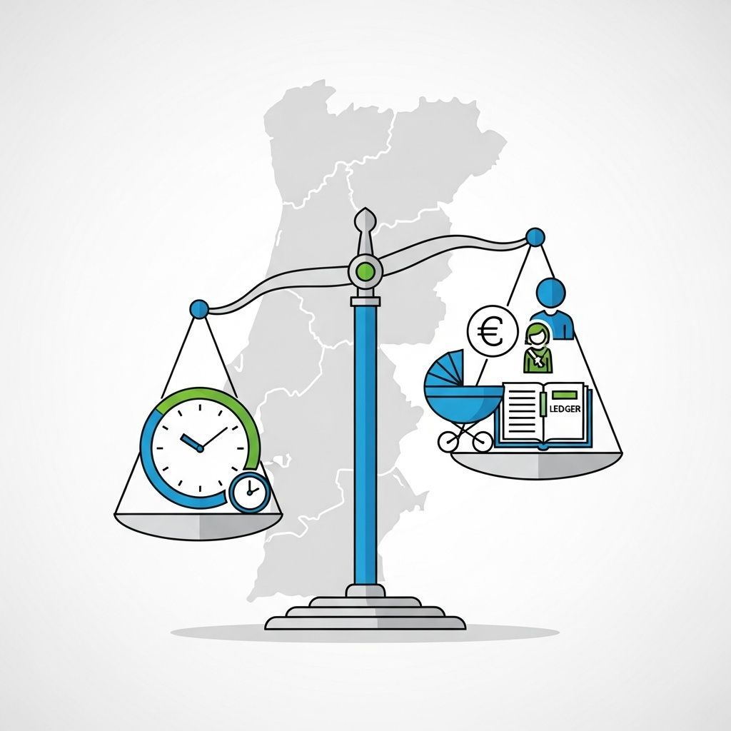 Infographic showing scales balancing clock, euro sign and baby carriage over a map of Portugal