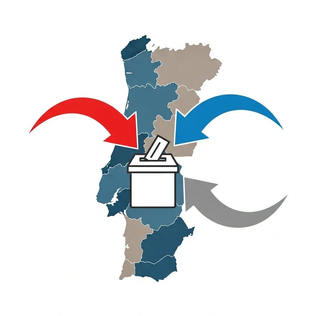 Infographic of red and blue arrows converging on a ballot box to block a gray arrow over a Portugal map