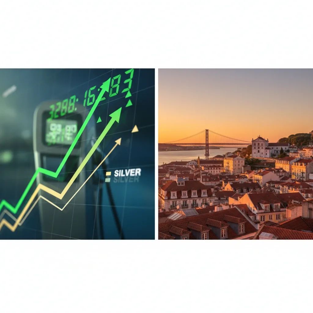 Charts showing gold and silver prices rising with fuel pump and economic indicators in background