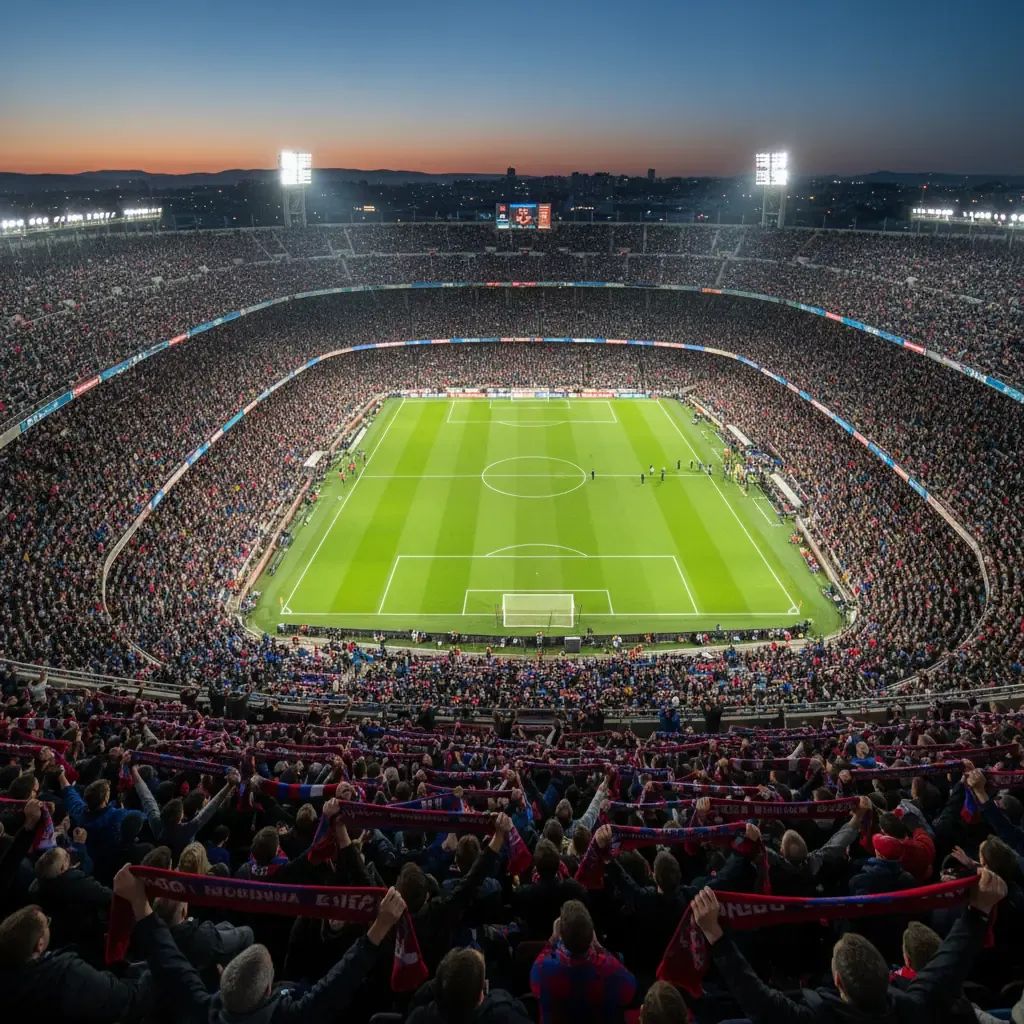Football stadium stands filled with fans wearing blue and red scarves under evening floodlights