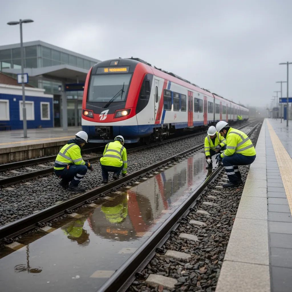 Suburban train on restored wet tracks at a Portuguese station after floods