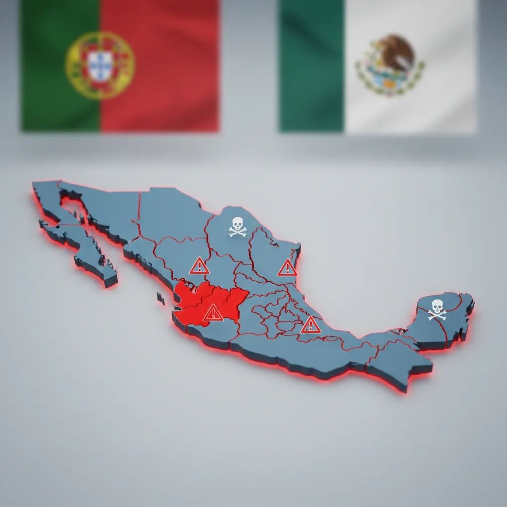 Map of Mexico showing travel warning zones highlighted in red for Portuguese travelers
