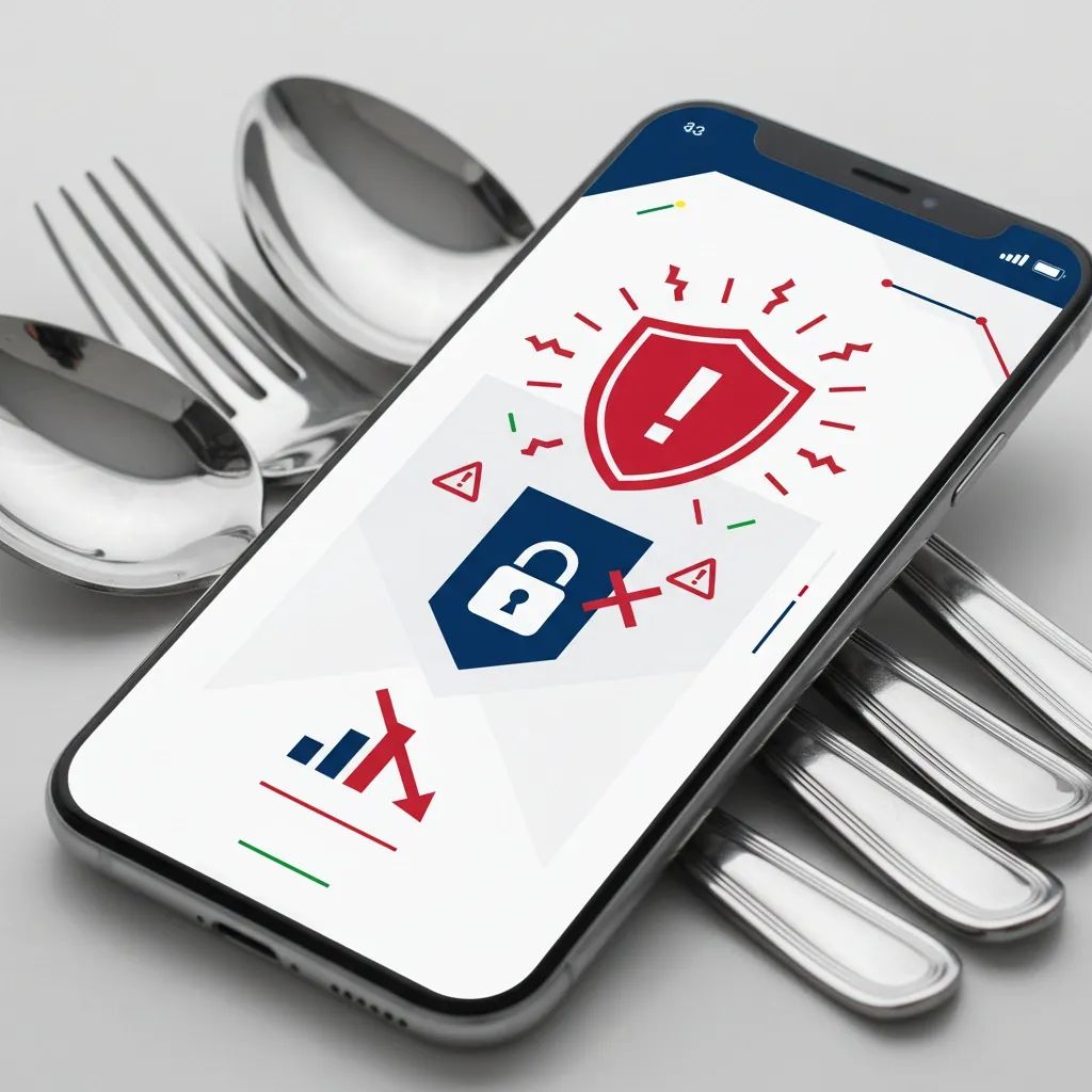 Smartphone displaying social media fraud warning with cutlery collection in background