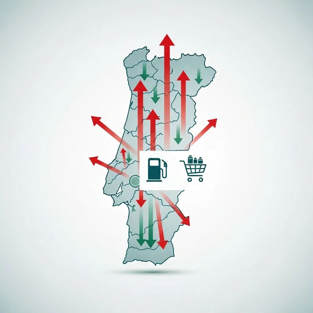 Infographic map of Portugal with inflation rate arrows and icons for fuel and groceries