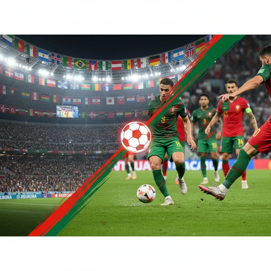 Football stadium action scene with international flags representing Portugal World Cup Group K opponents